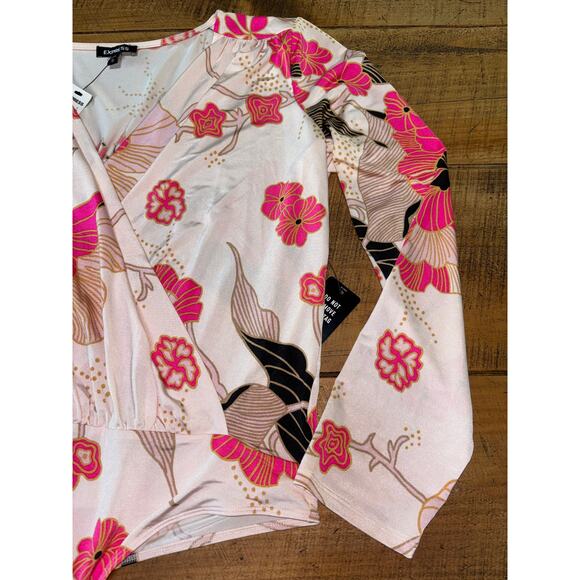 NWT Womens Express Pink Black Floral Long Sleeve Snap Button Bodysuit Size XL - Picture 4 of 8